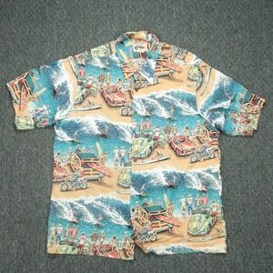 VINTAGE Reyn Spooner Shirt Men Extra Large Blue Tan Hawaiian Art Of Eddy Y Rayon